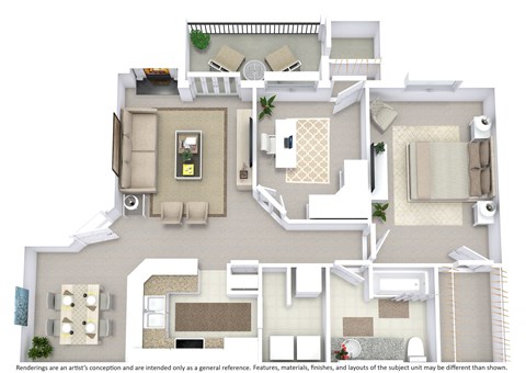 This is a 3D-floor plan providing a detailed, angled view of the space with room layouts, furniture placement, and spatial flow. Features 1 bedroom/s, 1 bathroom/s, and approximately 885 Sq. Ft